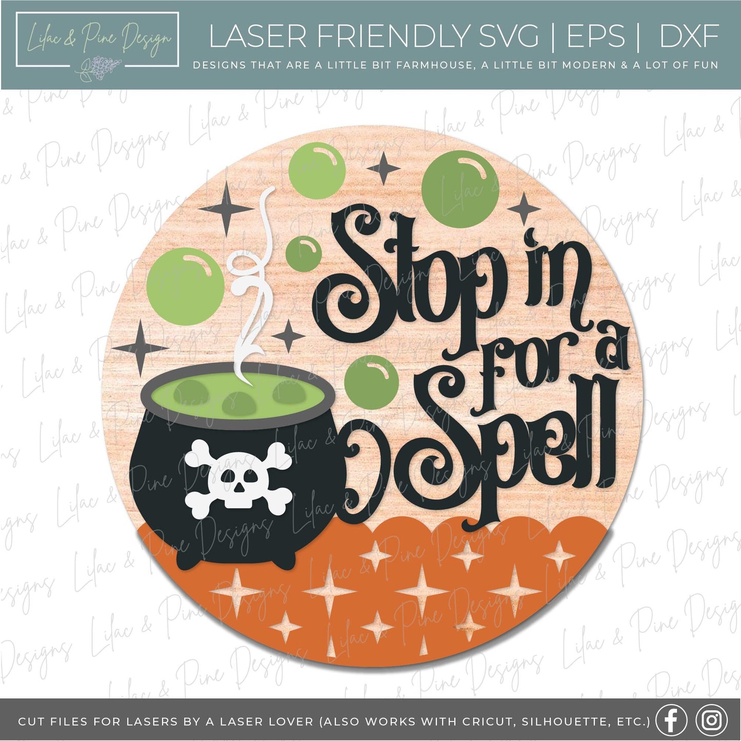 Stop in for a Spell sign SVG, spooky door hanger SVG, Halloween welcome sign SVG, witchy sign, cauldron svg, Glowforge Svg, laser cut file
