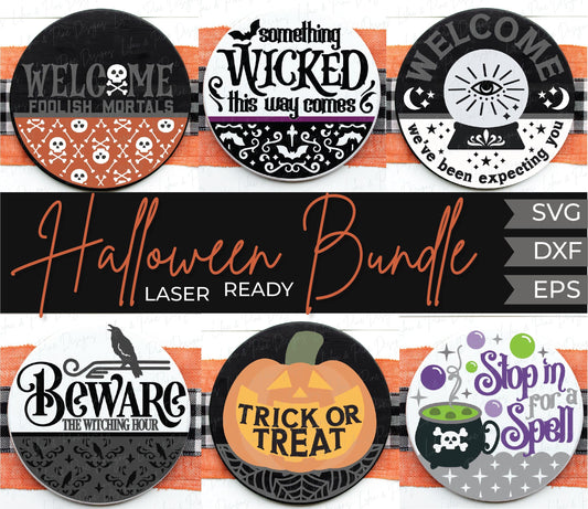 Halloween welcome sign bundle, Spooky door hanger SVG, foolish mortals svg, trick or treat SVG, witching hour, Glowforge SVG, laser cut file