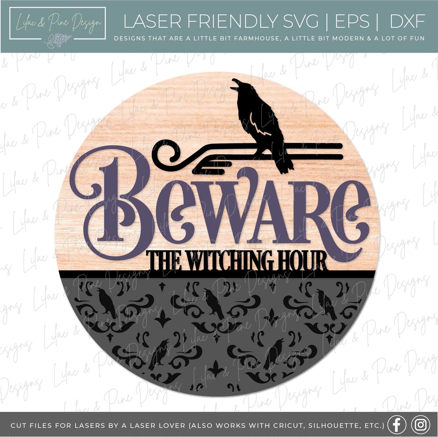 Beware the Witching Hour, spooky door hanger SVG, Halloween welcome sign SVG, raven front door sign, crow SVG, Glowforge Svg, laser cut file