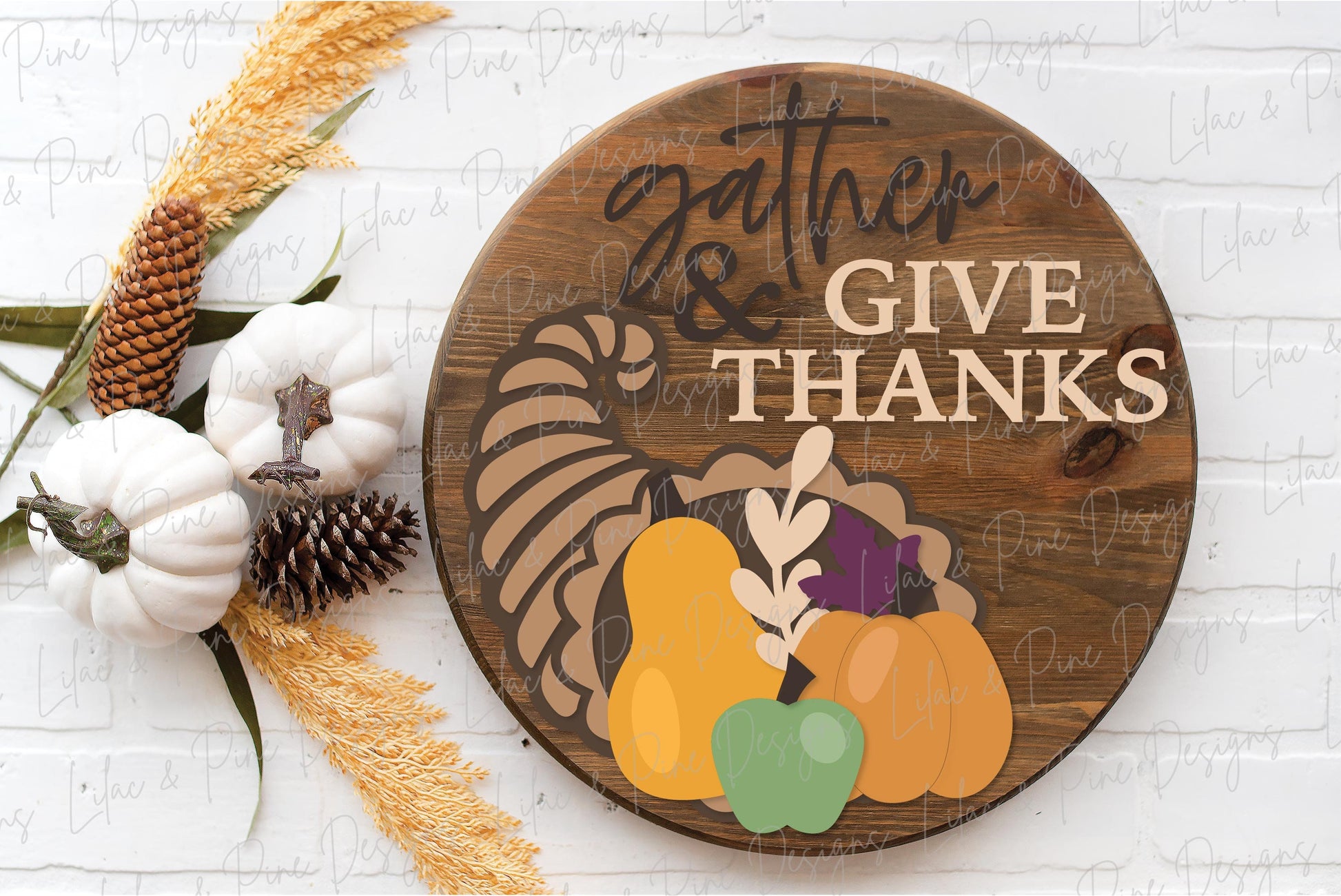 Thanksgiving door hanger SVG, Gather and give thanks sign SVG, Cornucopia welcome sign, round sign design, Glowforge SVG, laser cut file