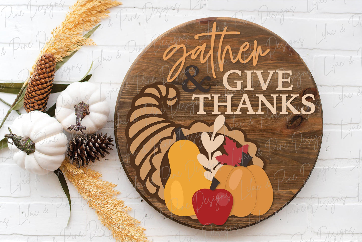 Thanksgiving door hanger SVG, Gather and give thanks sign SVG, Cornucopia welcome sign, round sign design, Glowforge SVG, laser cut file