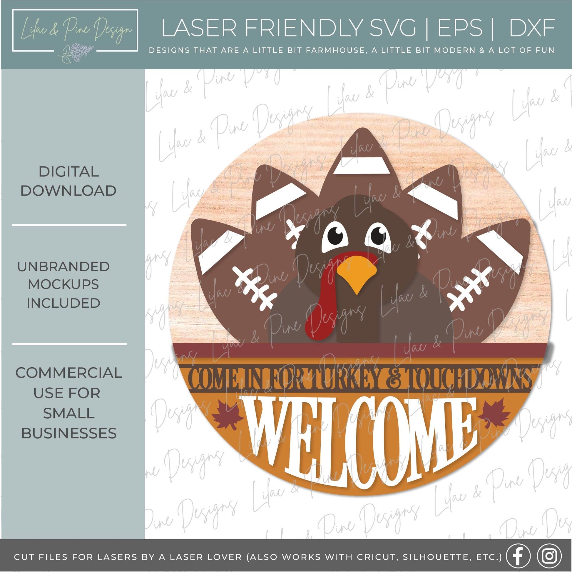 Thanksgiving door hanger SVG, Turkey and Touchdowns sign SVG, Turkey welcome sign, Football round sign, Glowforge SVG, laser cut file
