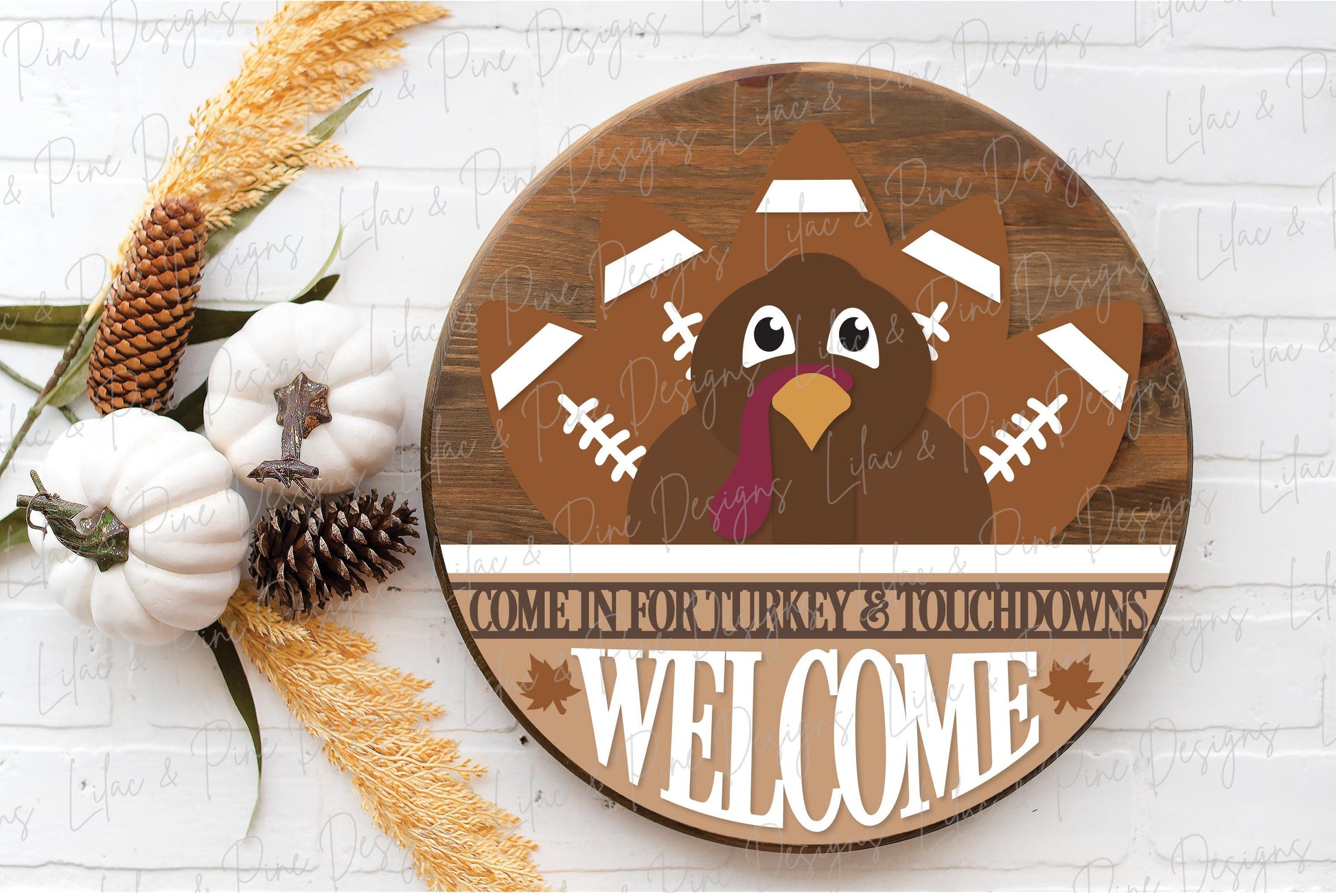 Thanksgiving door hanger SVG, Turkey and Touchdowns sign SVG, Turkey welcome sign, Football round sign, Glowforge SVG, laser cut file