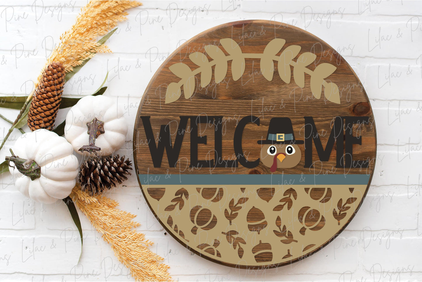 Thanksgiving door hanger SVG, Pilgrim Turkey Welcome sign SVG, Thanksgiving welcome sign, Turkey round sign, Glowforge SVG, laser cut file