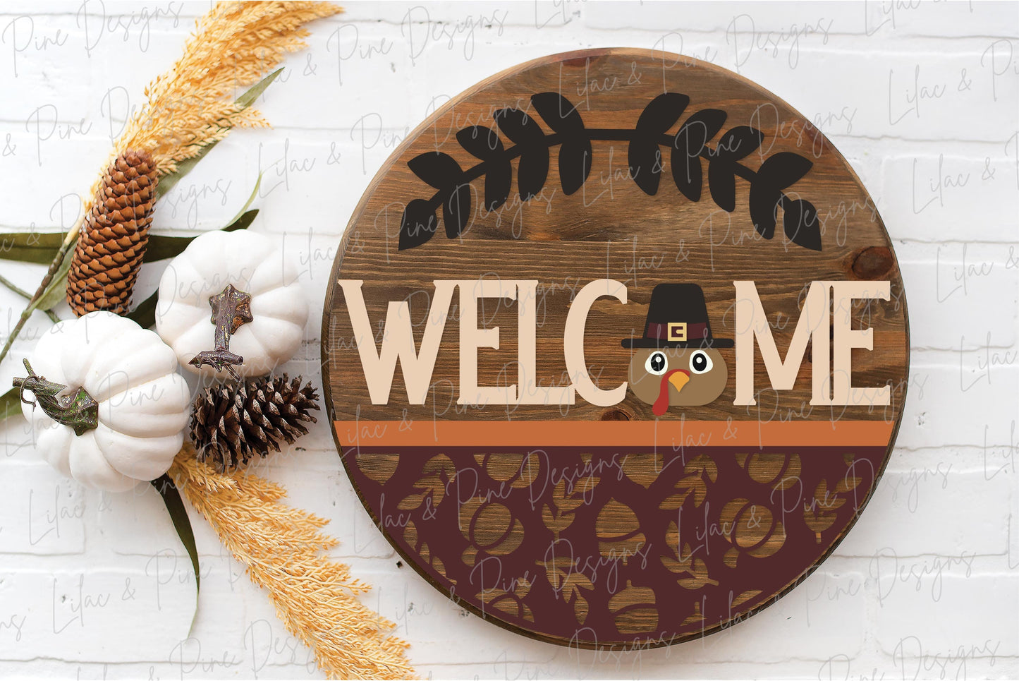 Thanksgiving door hanger SVG, Pilgrim Turkey Welcome sign SVG, Thanksgiving welcome sign, Turkey round sign, Glowforge SVG, laser cut file