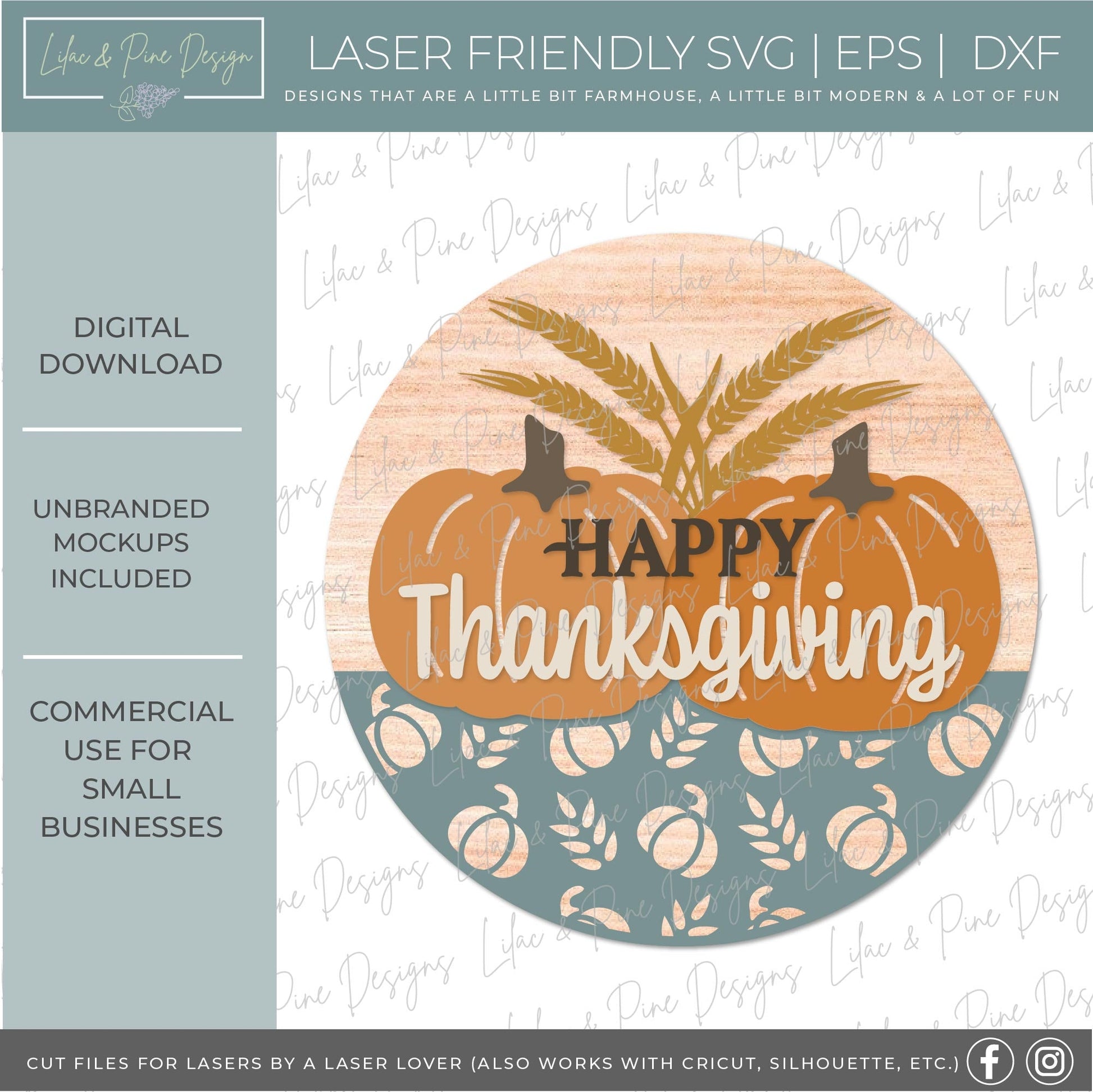 Happy Thanksgiving door hanger SVG, Wheat and Pumpkin sign SVG, Thanksgiving welcome sign, Thanksgiving decor, Glowforge SVG, laser cut file