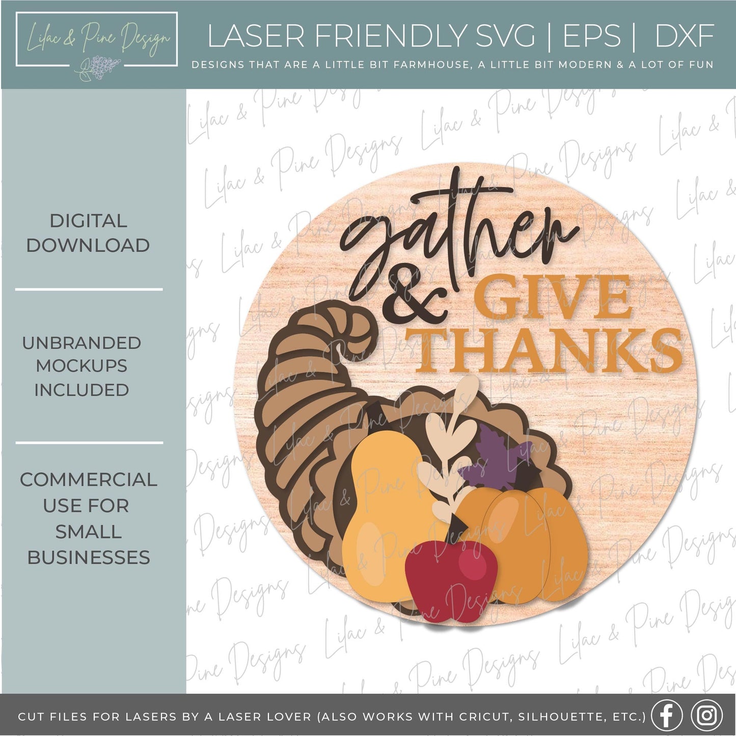 Thanksgiving door hanger SVG, Gather and give thanks sign SVG, Cornucopia welcome sign, round sign design, Glowforge SVG, laser cut file