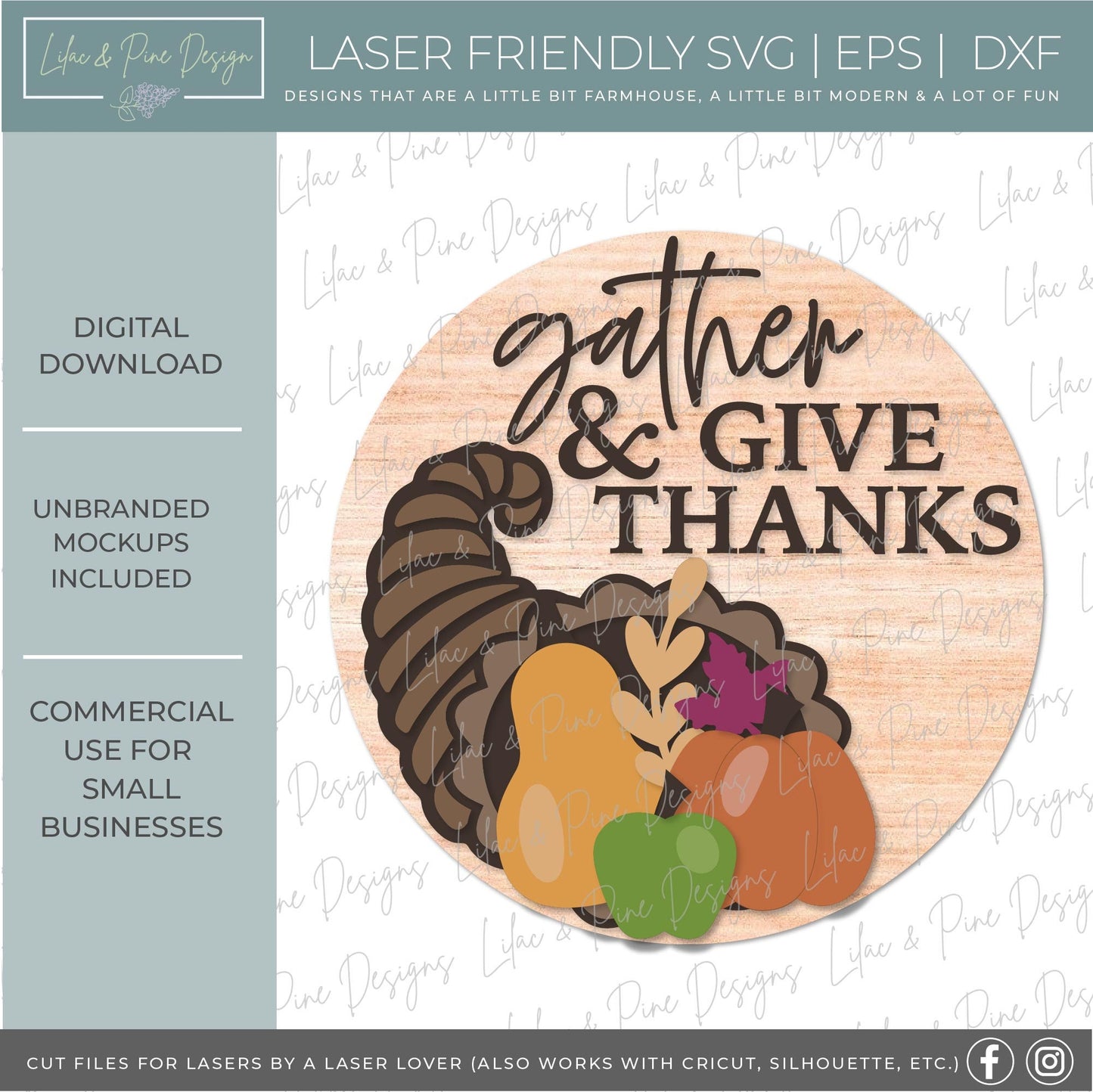 Thanksgiving door hanger SVG, Gather and give thanks sign SVG, Cornucopia welcome sign, round sign design, Glowforge SVG, laser cut file