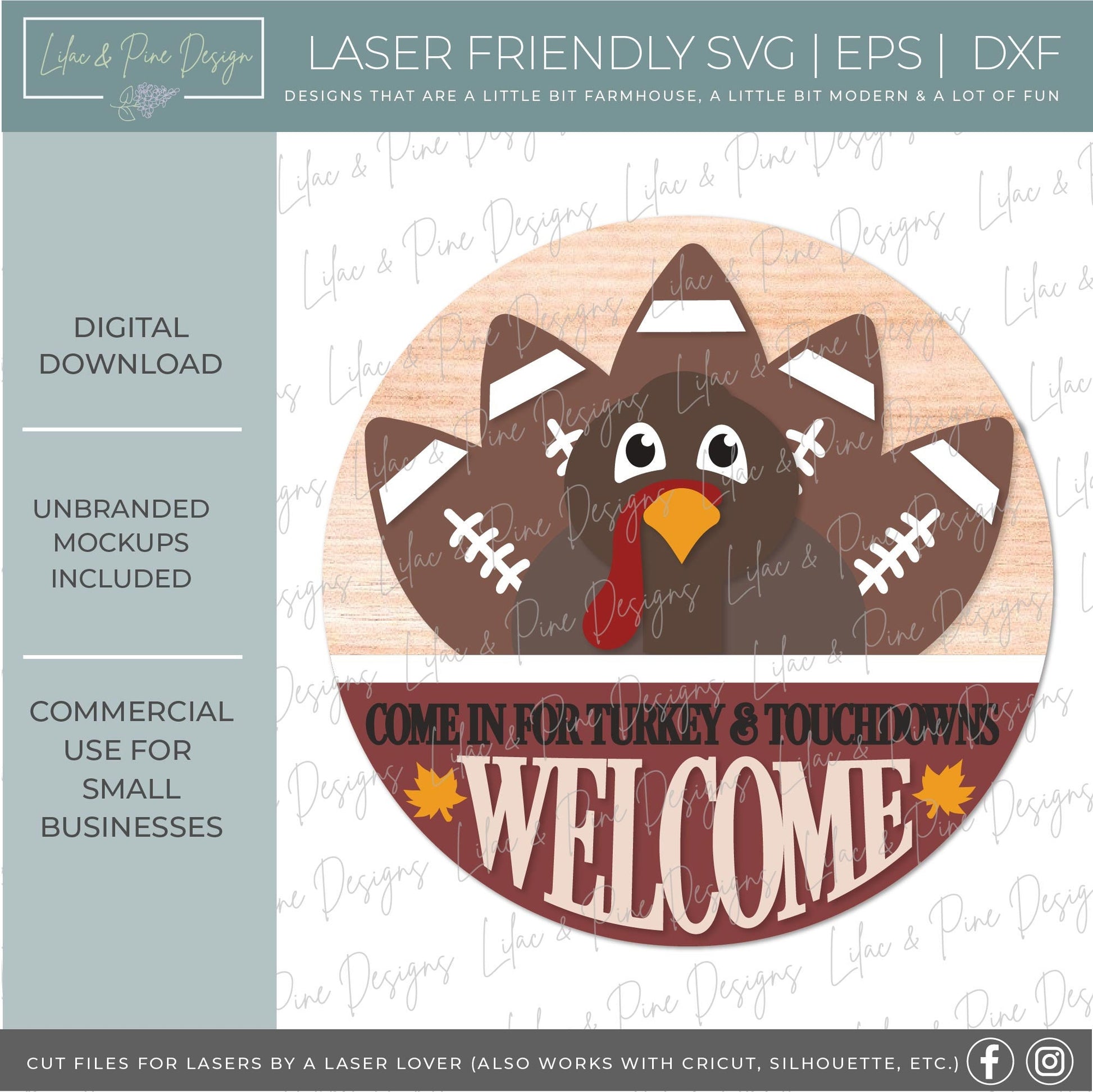 Thanksgiving door hanger SVG, Turkey and Touchdowns sign SVG, Turkey welcome sign, Football round sign, Glowforge SVG, laser cut file