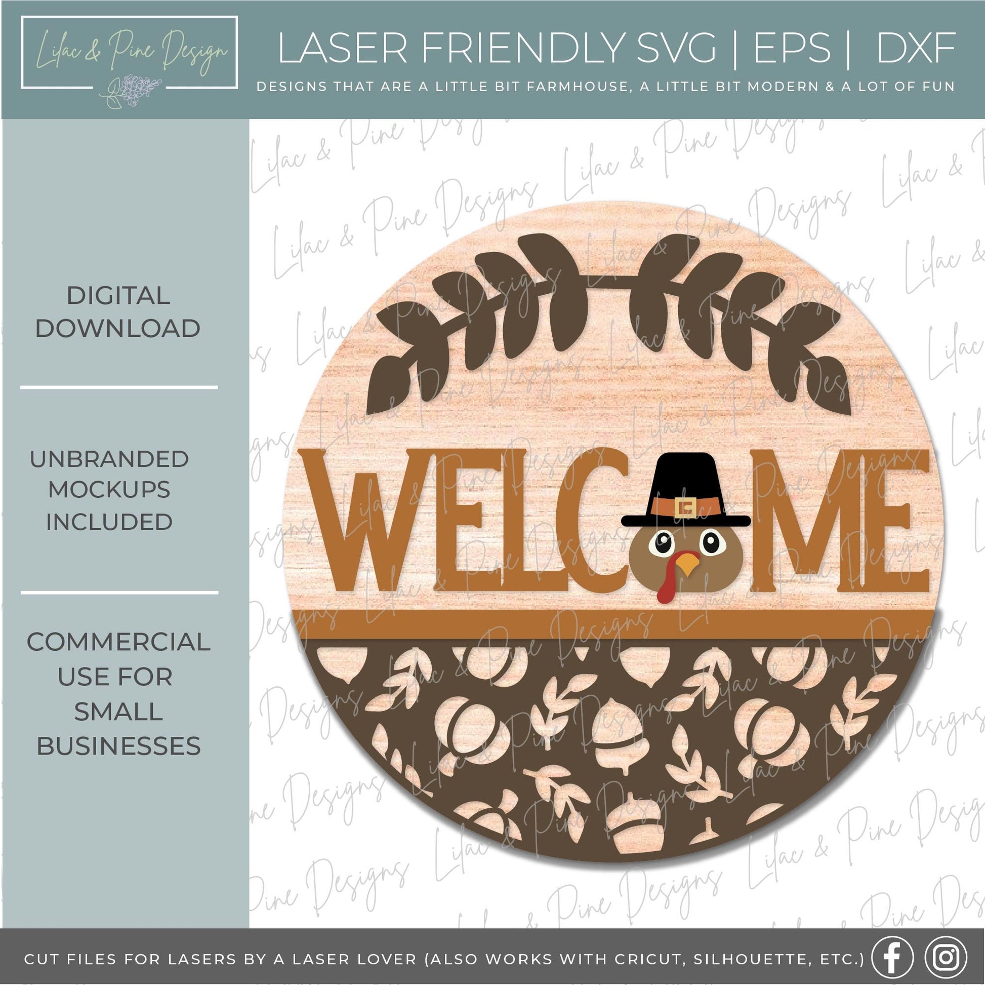 Thanksgiving door hanger SVG, Pilgrim Turkey Welcome sign SVG, Thanksgiving welcome sign, Turkey round sign, Glowforge SVG, laser cut file