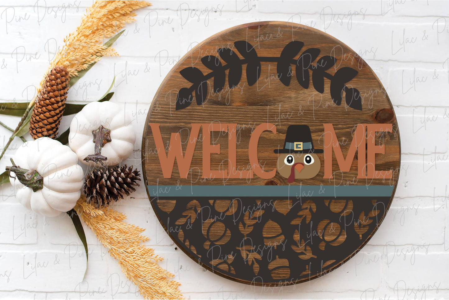 Thanksgiving door hanger SVG, Pilgrim Turkey Welcome sign SVG, Thanksgiving welcome sign, Turkey round sign, Glowforge SVG, laser cut file