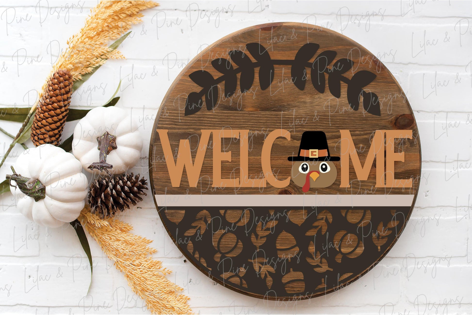 Thanksgiving door hanger SVG, Pilgrim Turkey Welcome sign SVG, Thanksgiving welcome sign, Turkey round sign, Glowforge SVG, laser cut file