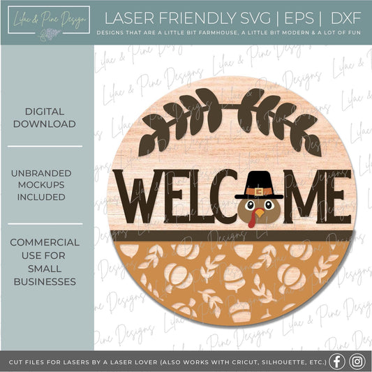 Thanksgiving door hanger SVG, Pilgrim Turkey Welcome sign SVG, Thanksgiving welcome sign, Turkey round sign, Glowforge SVG, laser cut file