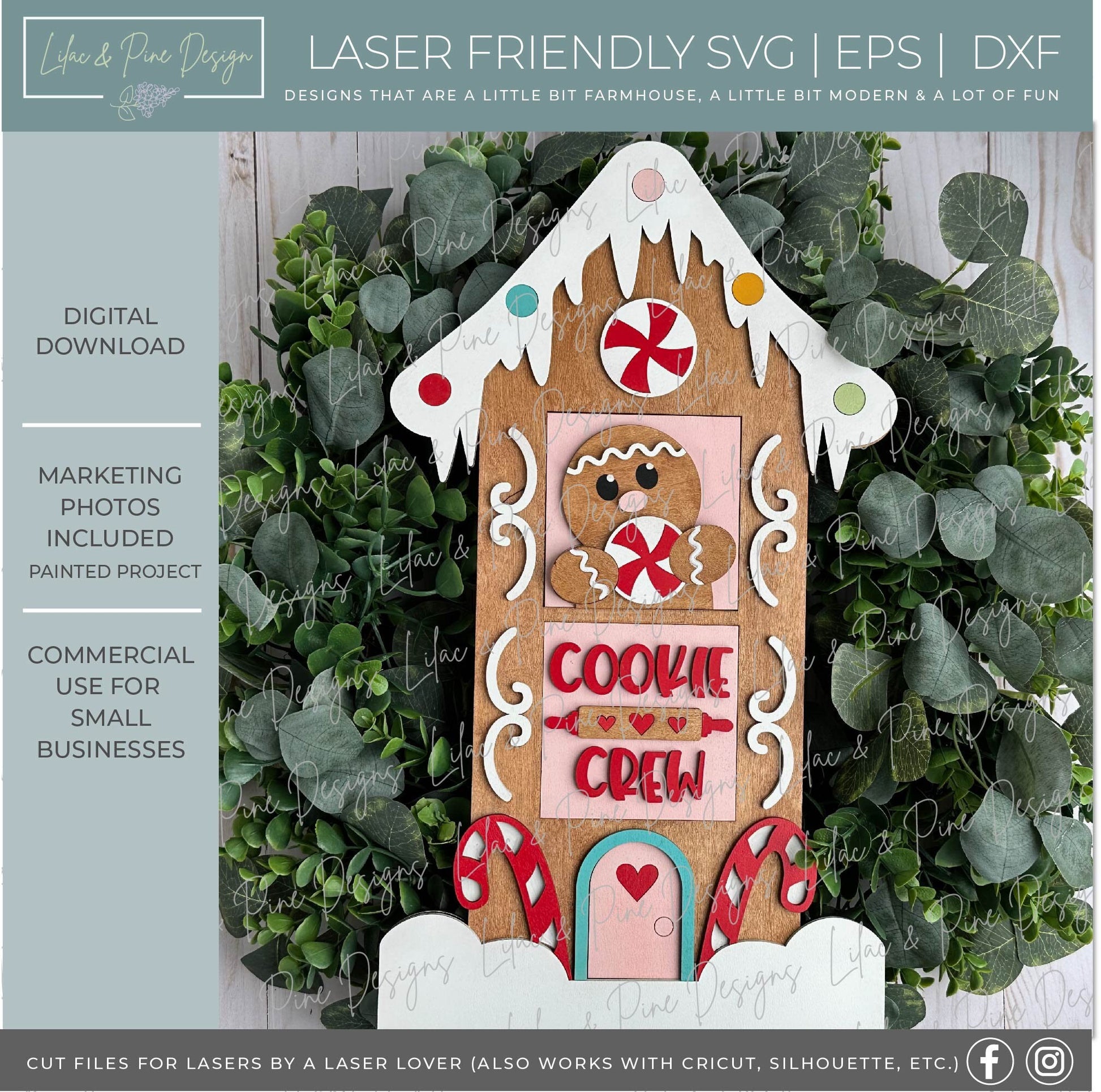 Gingerbread house SVG, interchangeable leaning ladder frame, Laser ready Christmas SVG, Christmas shelf decor, Glowforge SVG, laser cut file