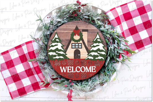 Christmas lodge round sign SVG, Christmas door hanger, Fair isle welcome sign SVG, Glowforge Svg, laser cut file, digital download