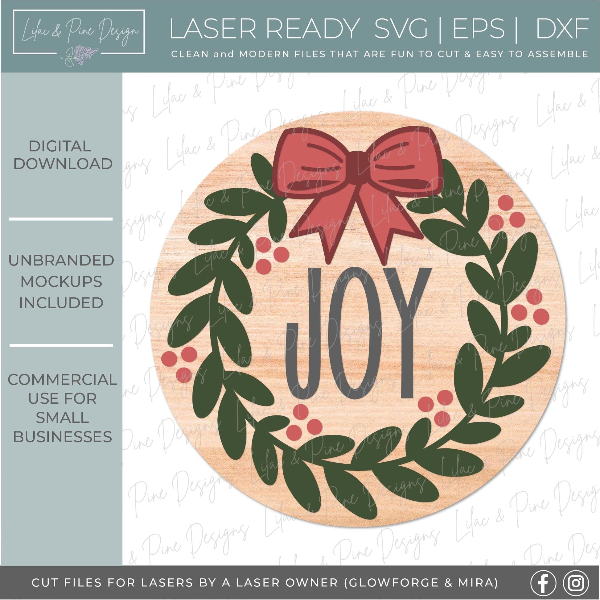 Christmas wreath round sign SVG, Joy door hanger, Holly Berry welcome sign SVG, Glowforge Svg, laser cut file, digital download