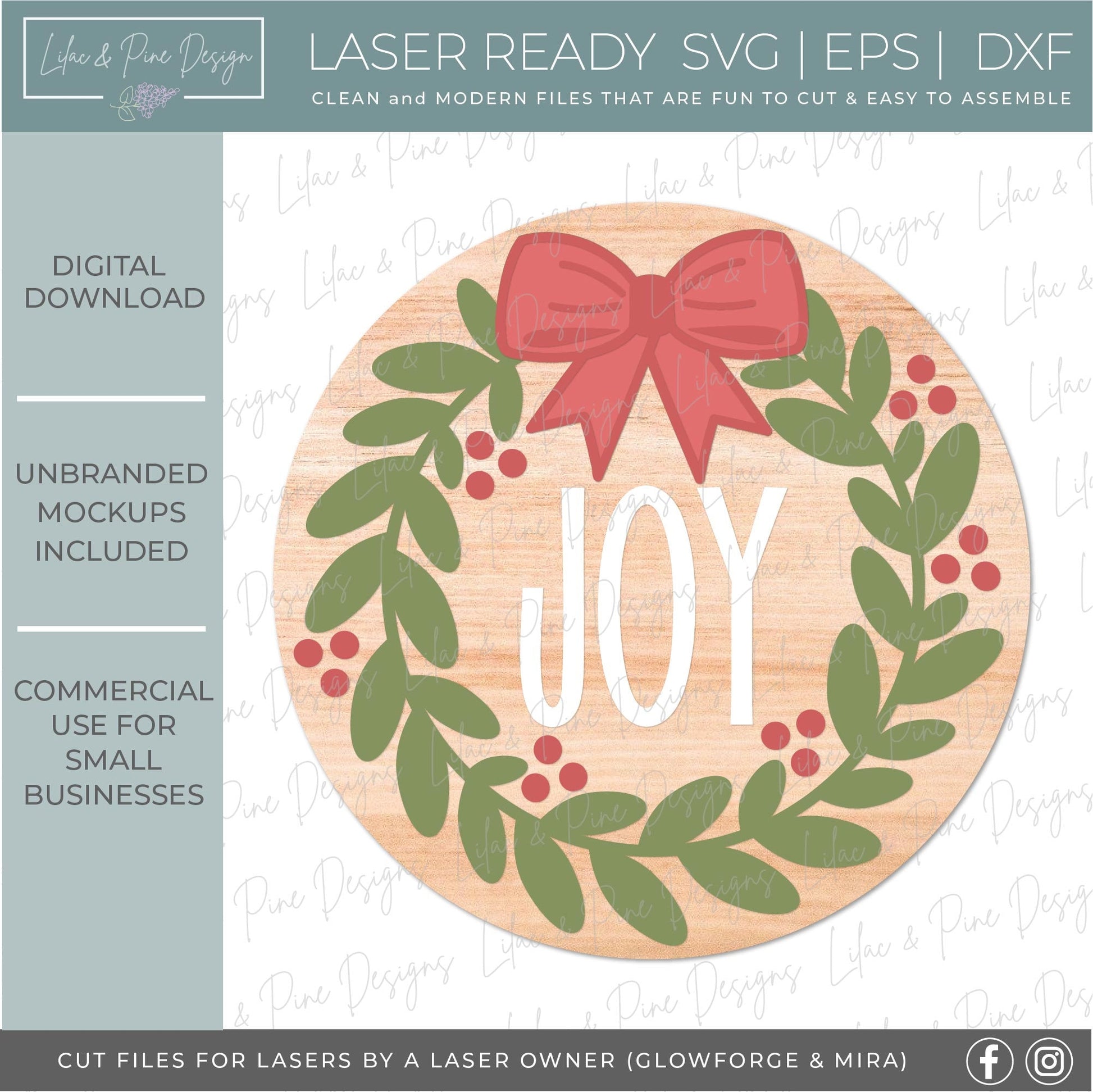 Christmas wreath round sign SVG, Joy door hanger, Holly Berry welcome sign SVG, Glowforge Svg, laser cut file, digital download