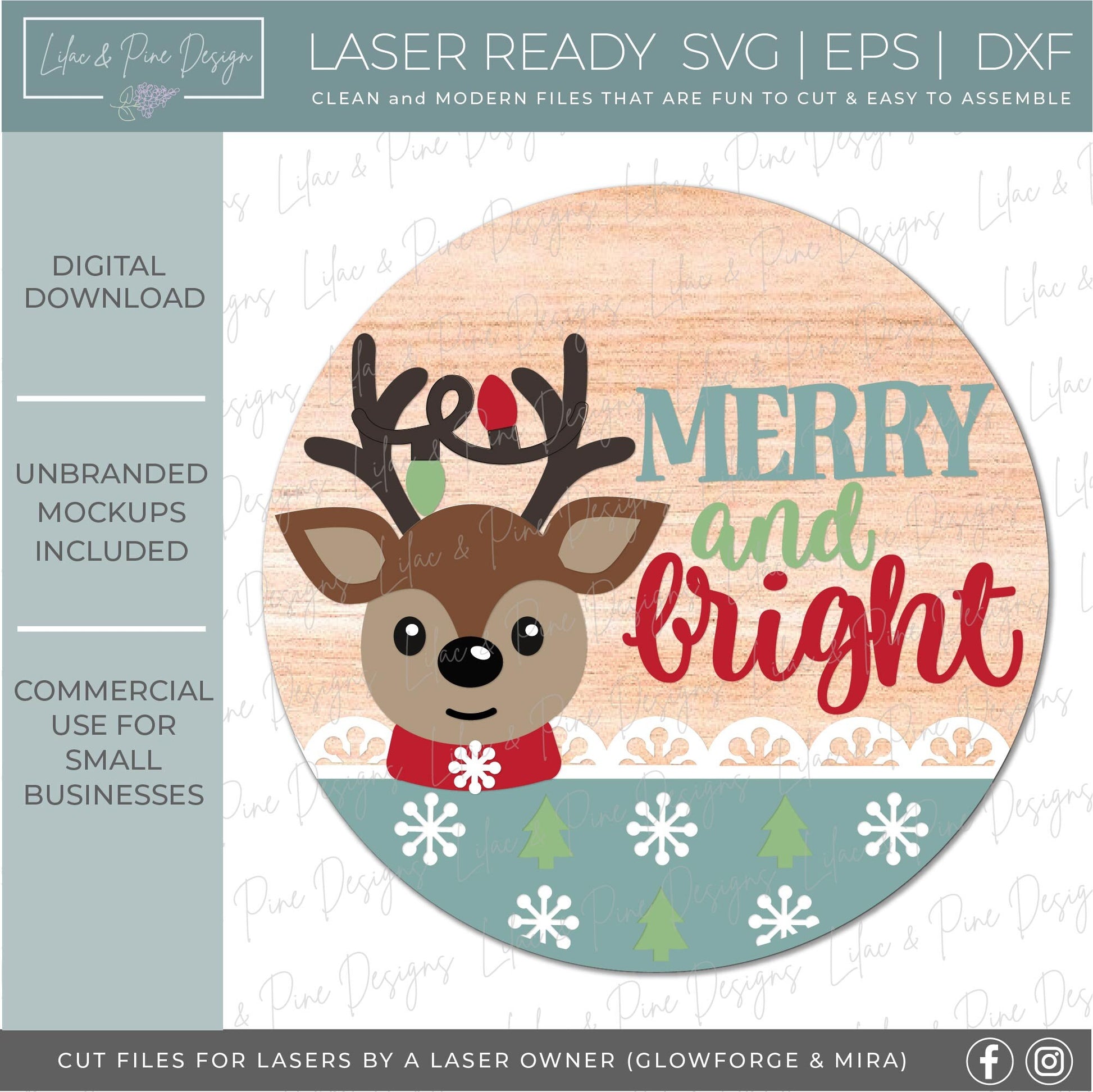 Merry and bright sign SVG, Reindeer door hanger, cute Christmas welcome sign SVG, Glowforge Svg, laser cut file, digital download