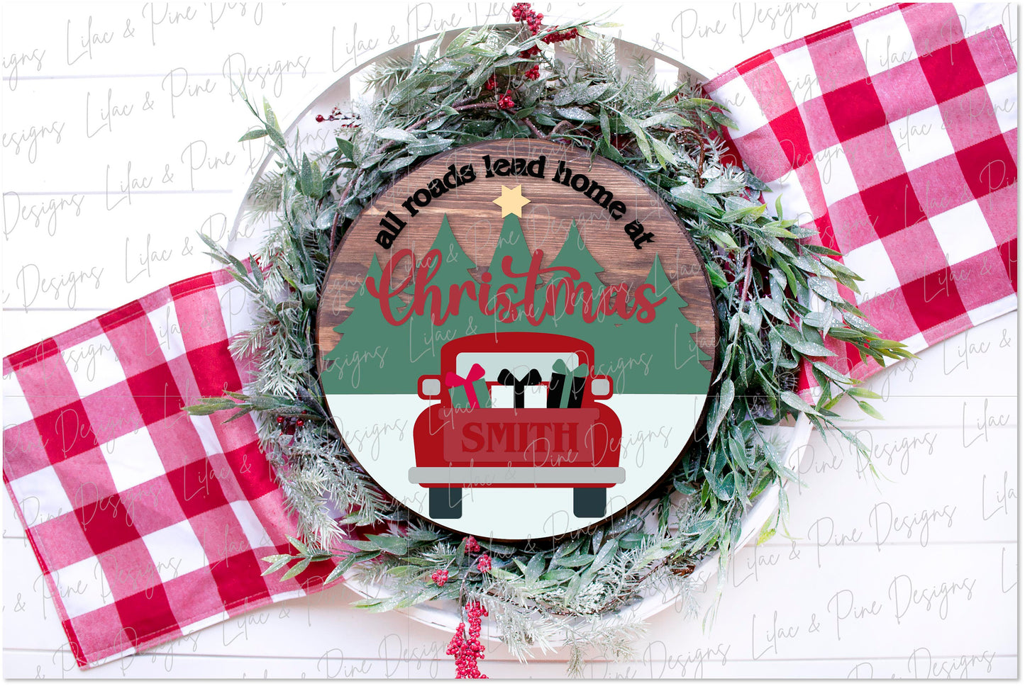 All Roads Lead Home at Christmas SVG, Holiday door hanger, Vintage Christmas truck SVG, Holiday welcome, Glowforge Svg, laser cut file