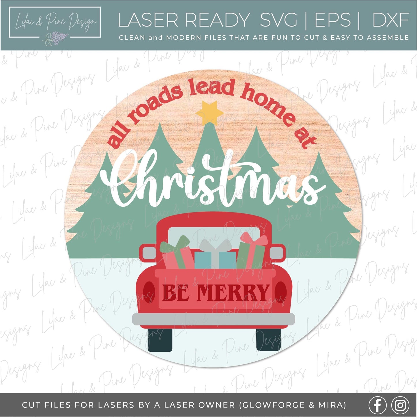 All Roads Lead Home at Christmas SVG, Holiday door hanger, Vintage Christmas truck SVG, Holiday welcome, Glowforge Svg, laser cut file
