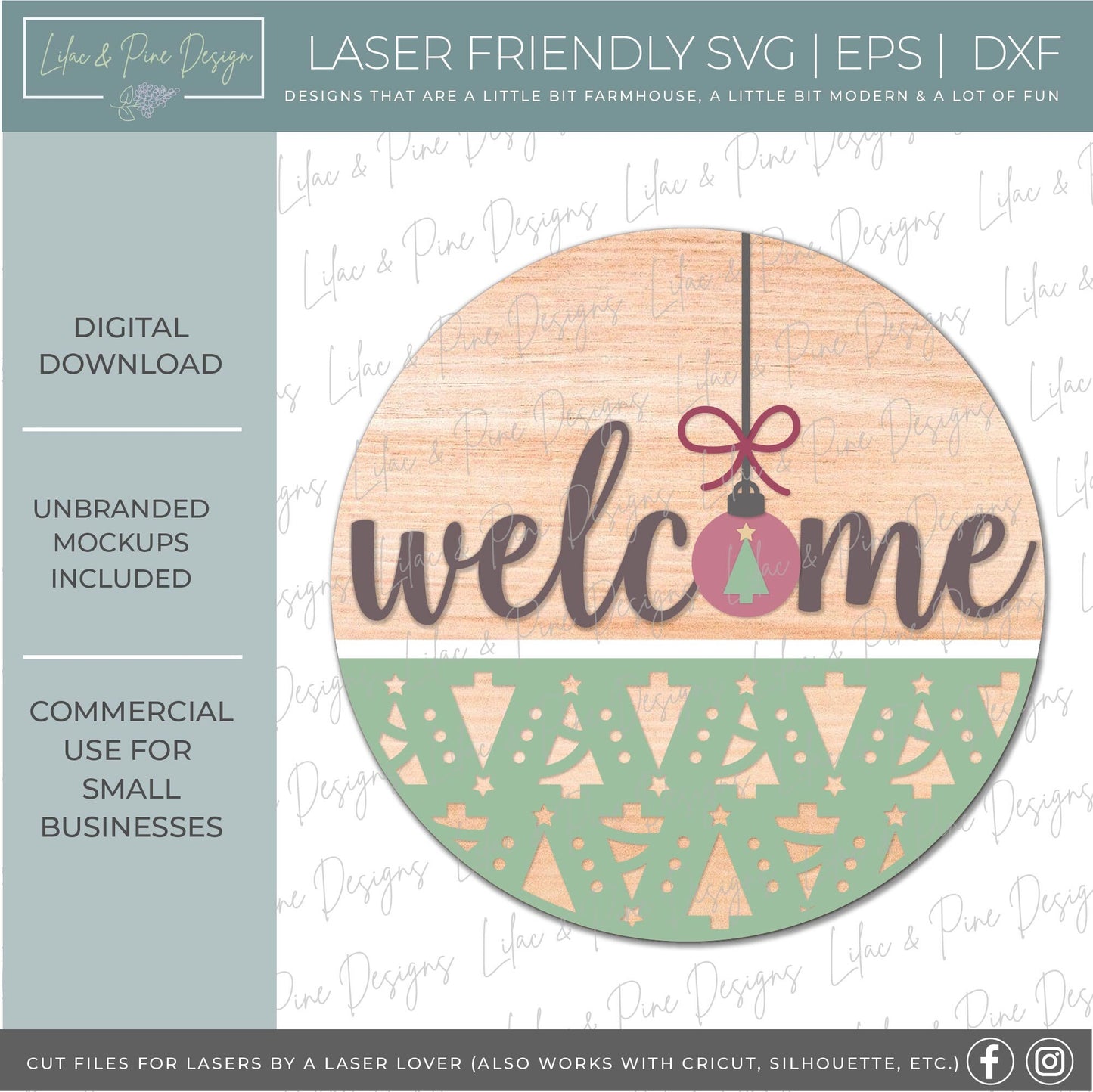 Christmas Tree welcome sign SVG, Christmas door hanger, Holiday ornament SVG, round welcome sign, Glowforge Svg, laser cut file