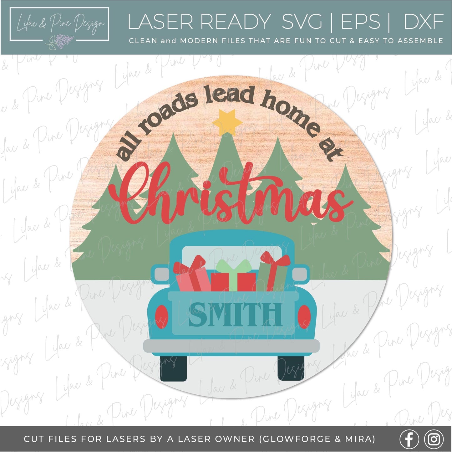 All Roads Lead Home at Christmas SVG, Holiday door hanger, Vintage Christmas truck SVG, Holiday welcome, Glowforge Svg, laser cut file