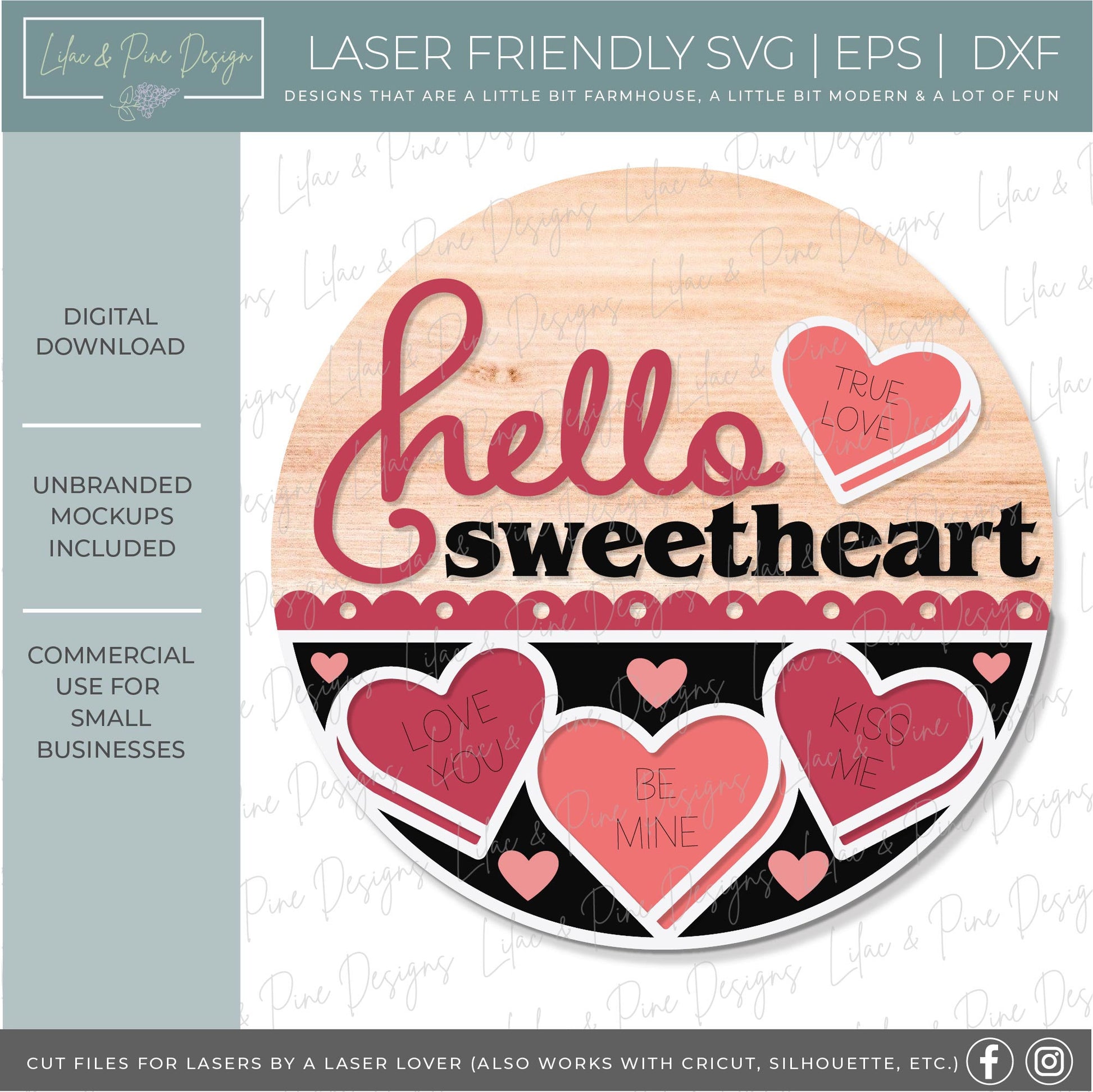 Valentine's Day welcome sign SVG, hello sweetheart door hanger SVG, Valentine heart candy round sign SVG, Glowforge Svg, laser cut file