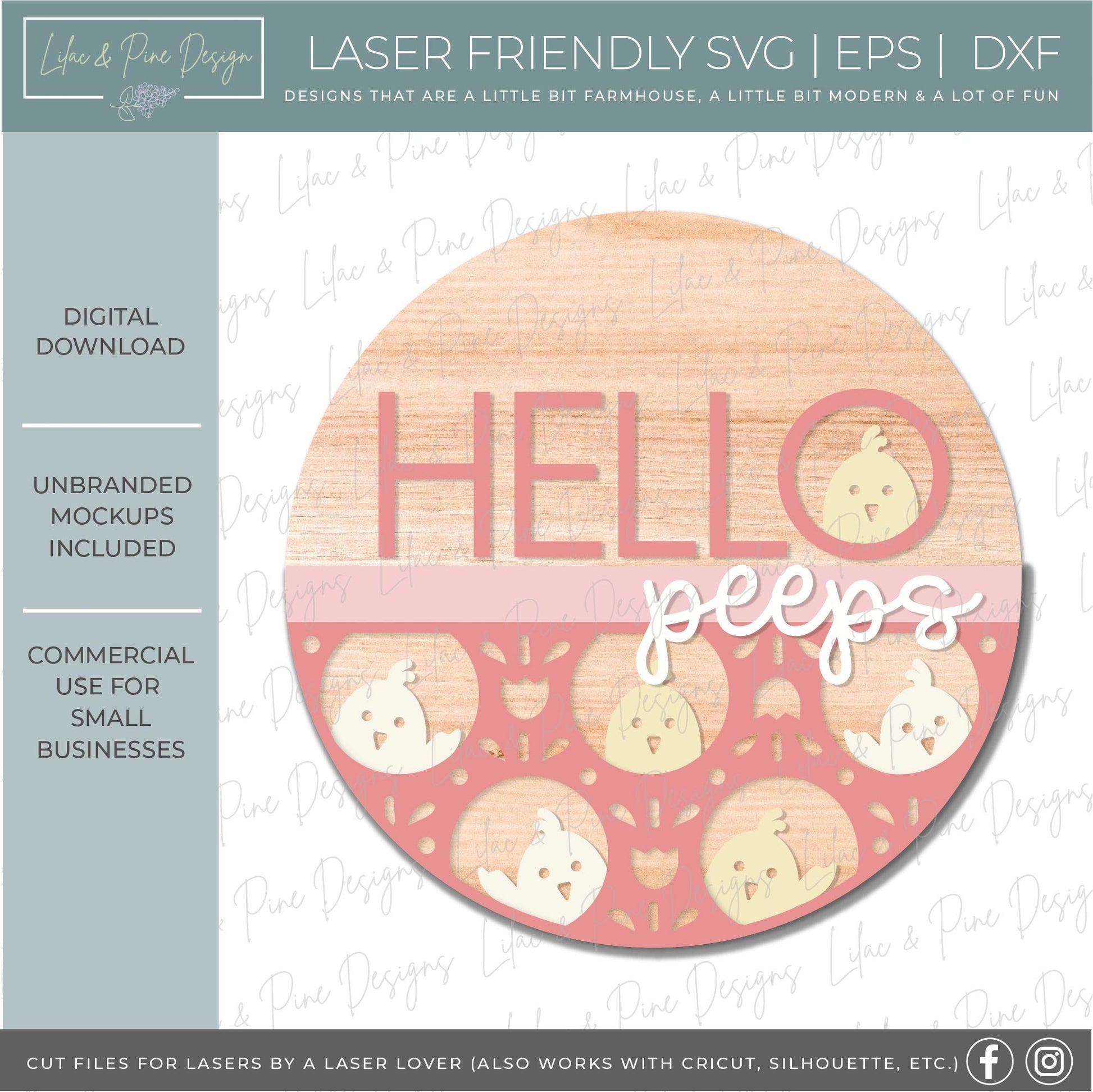 Hello Peeps door hanger, Easter welcome sign SVG, cute Easter chick SVG, Spring chicken laser design, Glowforge SVG, laser cut file