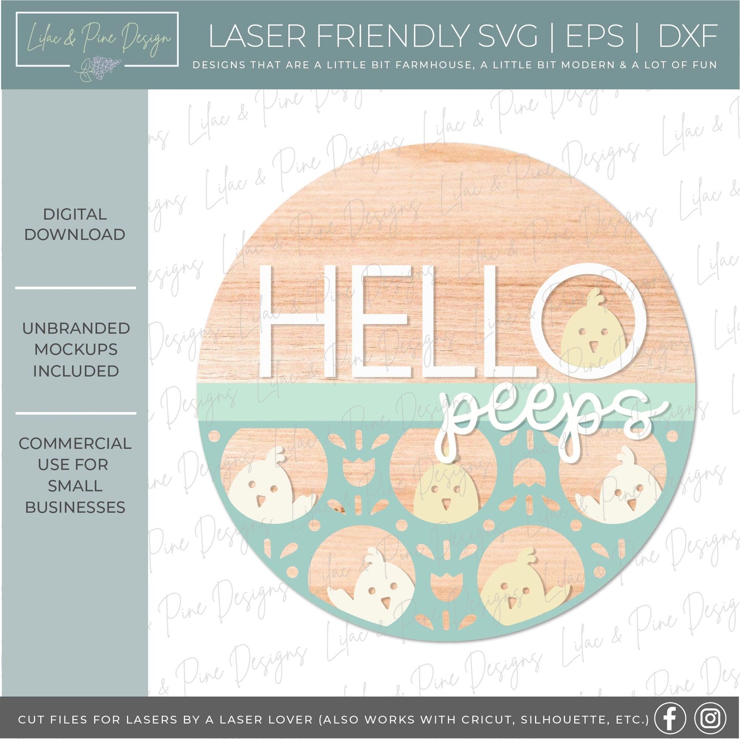 Hello Peeps door hanger, Easter welcome sign SVG, cute Easter chick SVG, Spring chicken laser design, Glowforge SVG, laser cut file