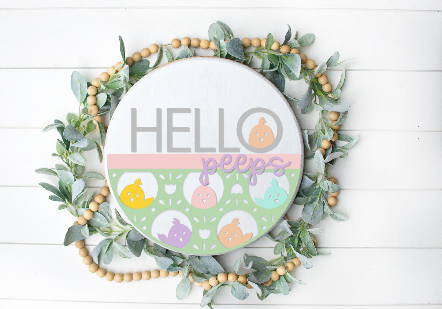 Hello Peeps door hanger, Easter welcome sign SVG, cute Easter chick SVG, Spring chicken laser design, Glowforge SVG, laser cut file