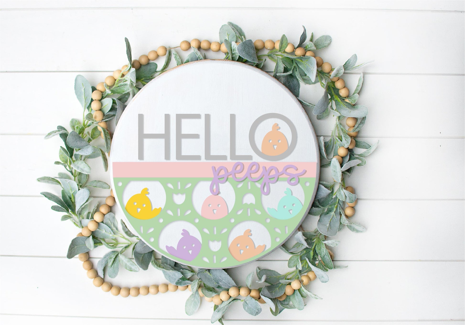 Hello Peeps door hanger, Easter welcome sign SVG, cute Easter chick SVG, Spring chicken laser design, Glowforge SVG, laser cut file