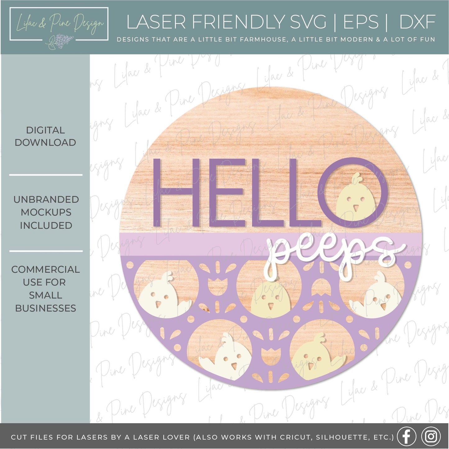 Hello Peeps door hanger, Easter welcome sign SVG, cute Easter chick SVG, Spring chicken laser design, Glowforge SVG, laser cut file