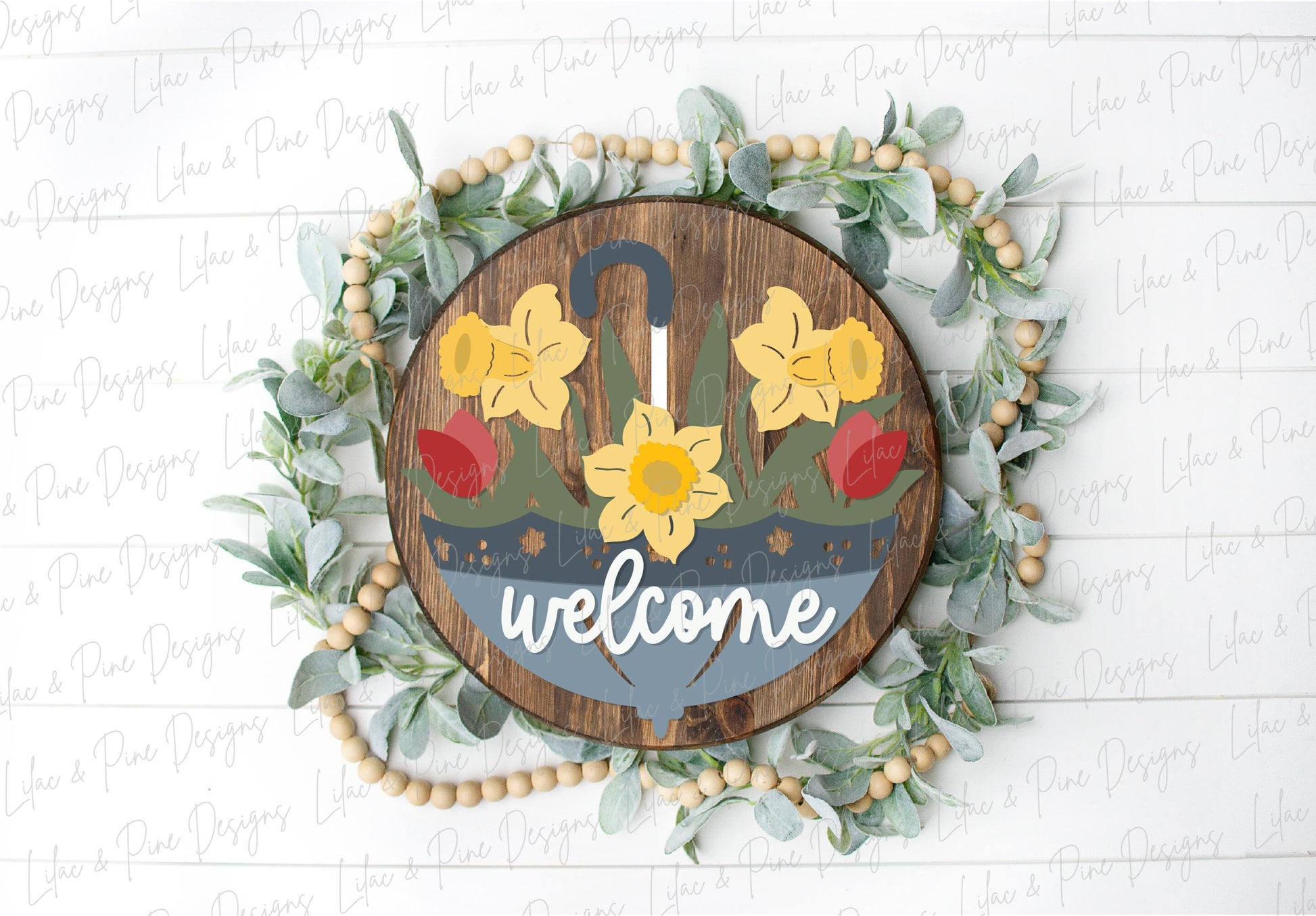 welcome spring sign SVG, tulip door hanger, umbrella Welcome SVG, spring floral decor, daffodil door hanger, Glowforge SVG, laser cut file