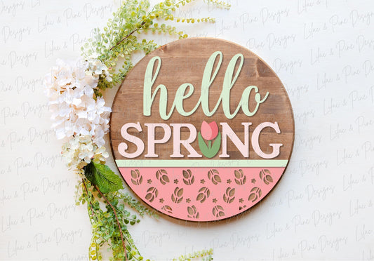 hello spring SVG, tulip door hanger, spring flower Welcome SVG, floral decor, spring laser template, Glowforge SVG, laser cut file