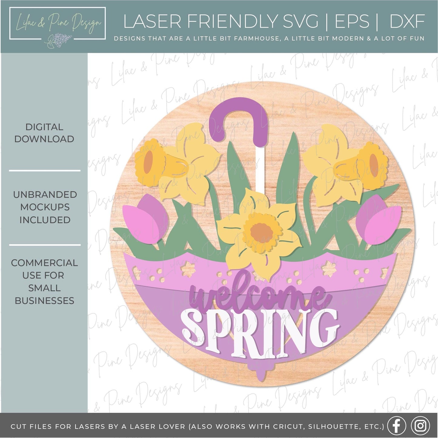 welcome spring sign SVG, tulip door hanger, umbrella Welcome SVG, spring floral decor, daffodil door hanger, Glowforge SVG, laser cut file