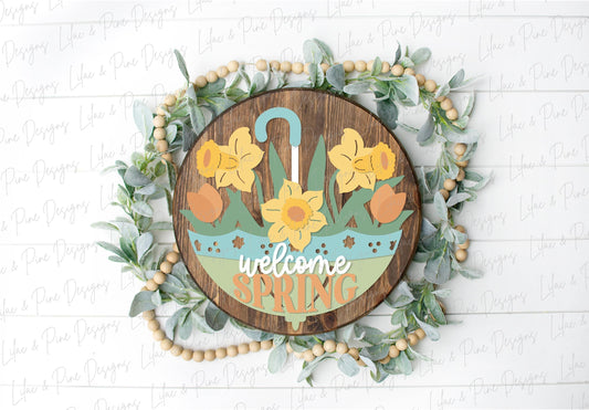 welcome spring sign SVG, tulip door hanger, umbrella Welcome SVG, spring floral decor, daffodil door hanger, Glowforge SVG, laser cut file