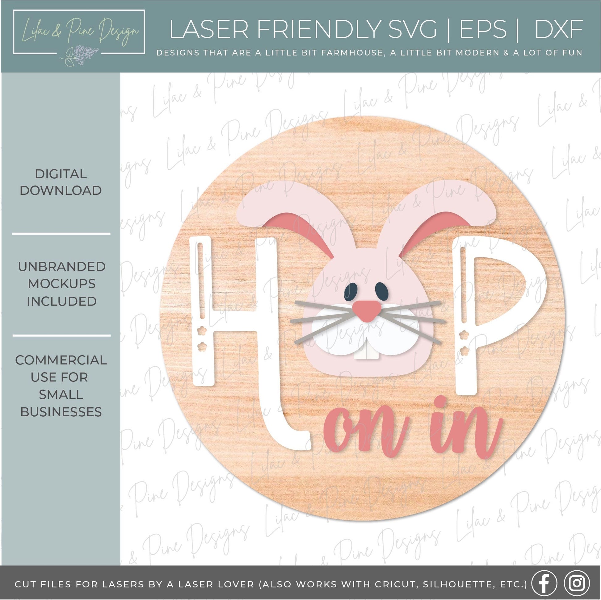 hop on in sign SVG, Easter bunny door hanger, rabbit Welcome SVG, cute Easter decor, spring laser template, Glowforge SVG, laser cut file