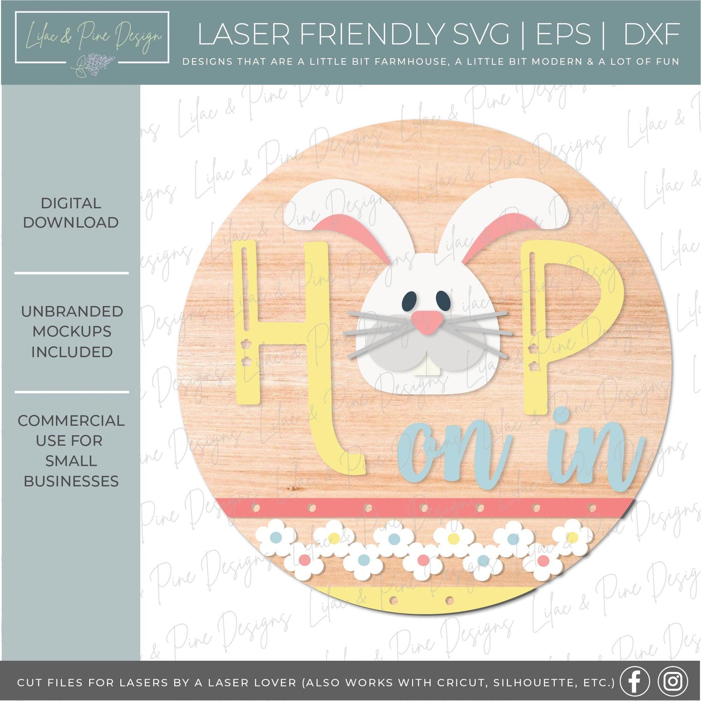 hop on in sign SVG, Easter bunny door hanger, rabbit Welcome SVG, cute Easter decor, spring laser template, Glowforge SVG, laser cut file