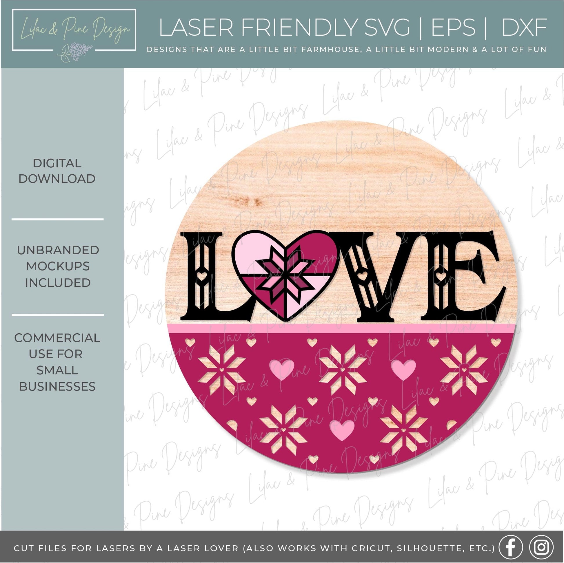 love quilt door hanger SVG, Valentine welcome sign, quilt heart round sign, Valentines Day decor, Glowforge SVG, laser cut file