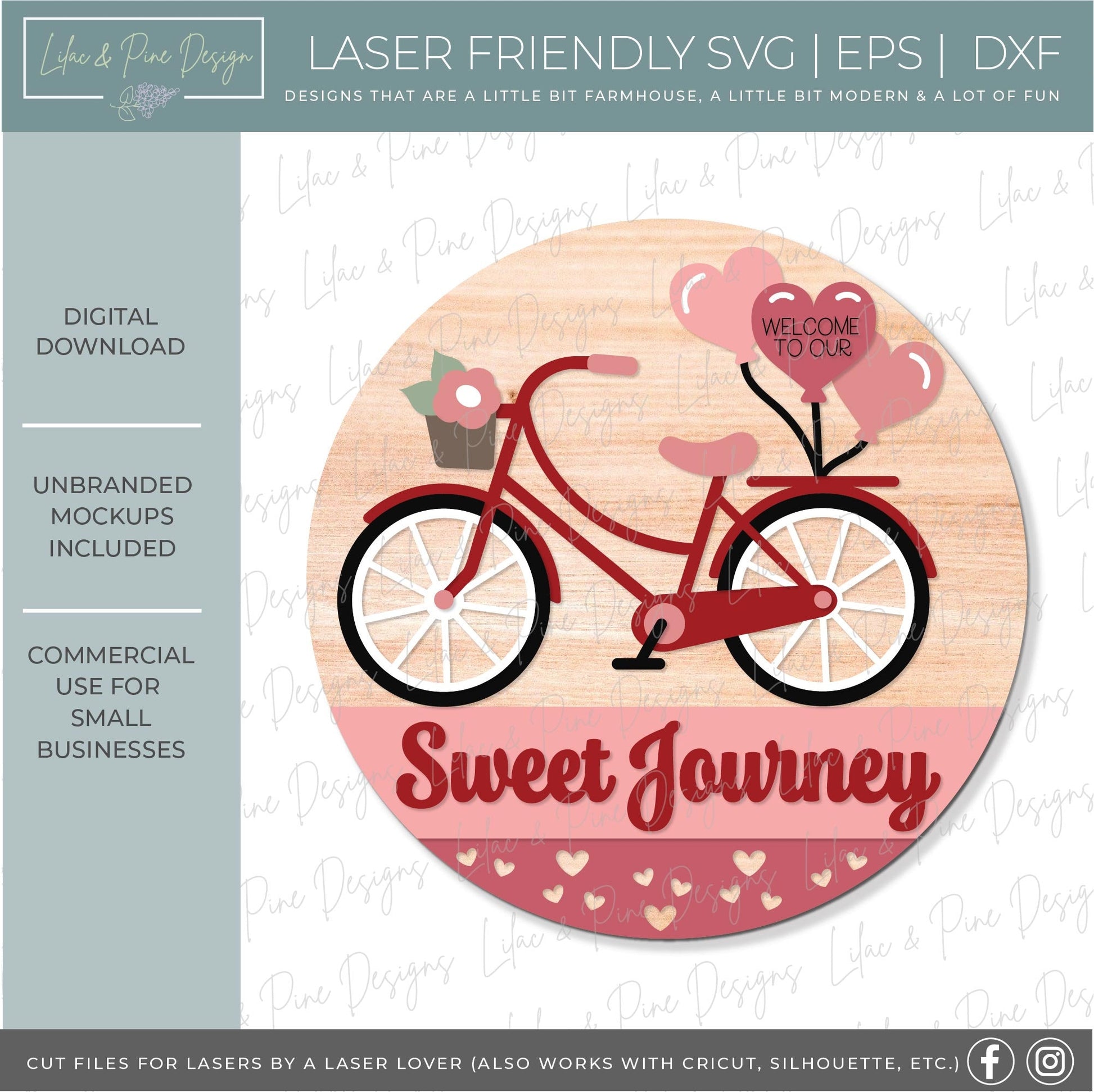 Sweet Journey door hanger SVG, Valentine heart balloons welcome sign, bike round sign Valentines Day decor, Glowforge SVG, laser cut file