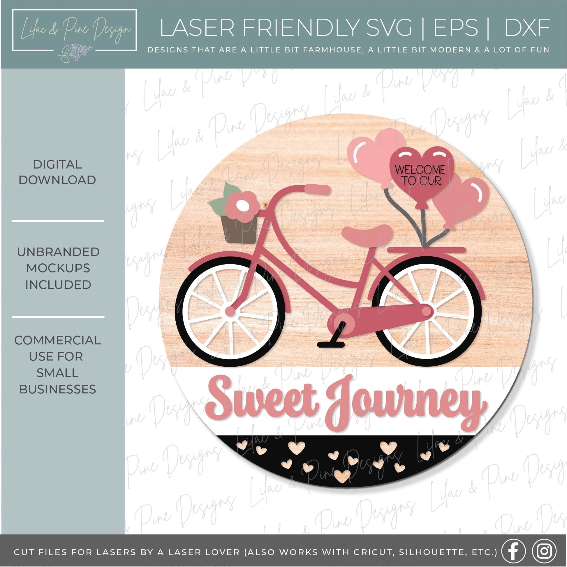 Sweet Journey door hanger SVG, Valentine heart balloons welcome sign, bike round sign Valentines Day decor, Glowforge SVG, laser cut file