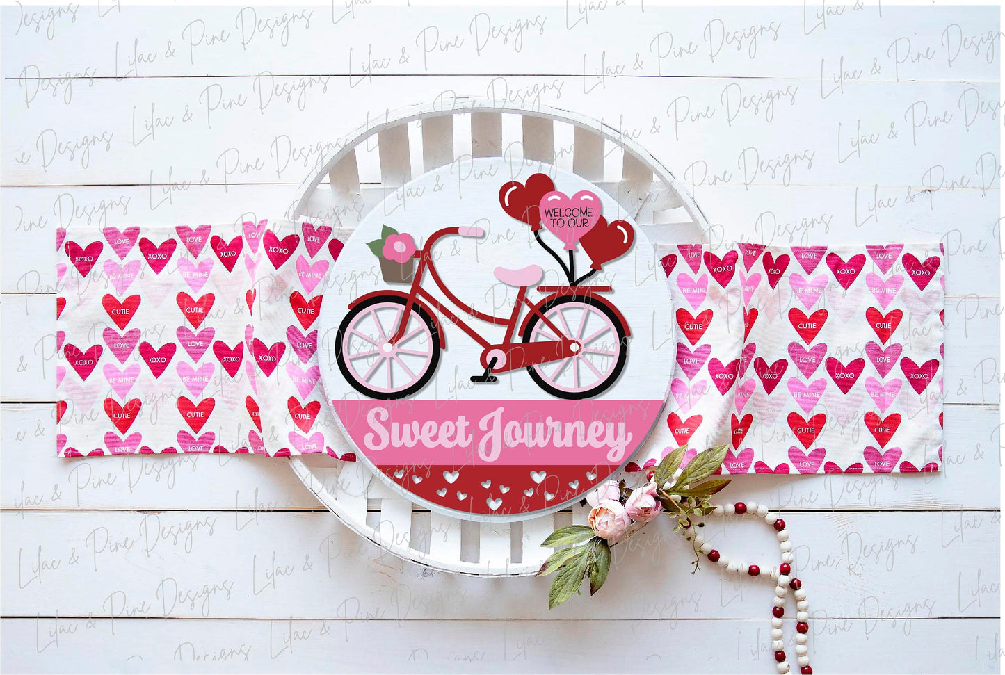 Sweet Journey door hanger SVG, Valentine heart balloons welcome sign, bike round sign Valentines Day decor, Glowforge SVG, laser cut file