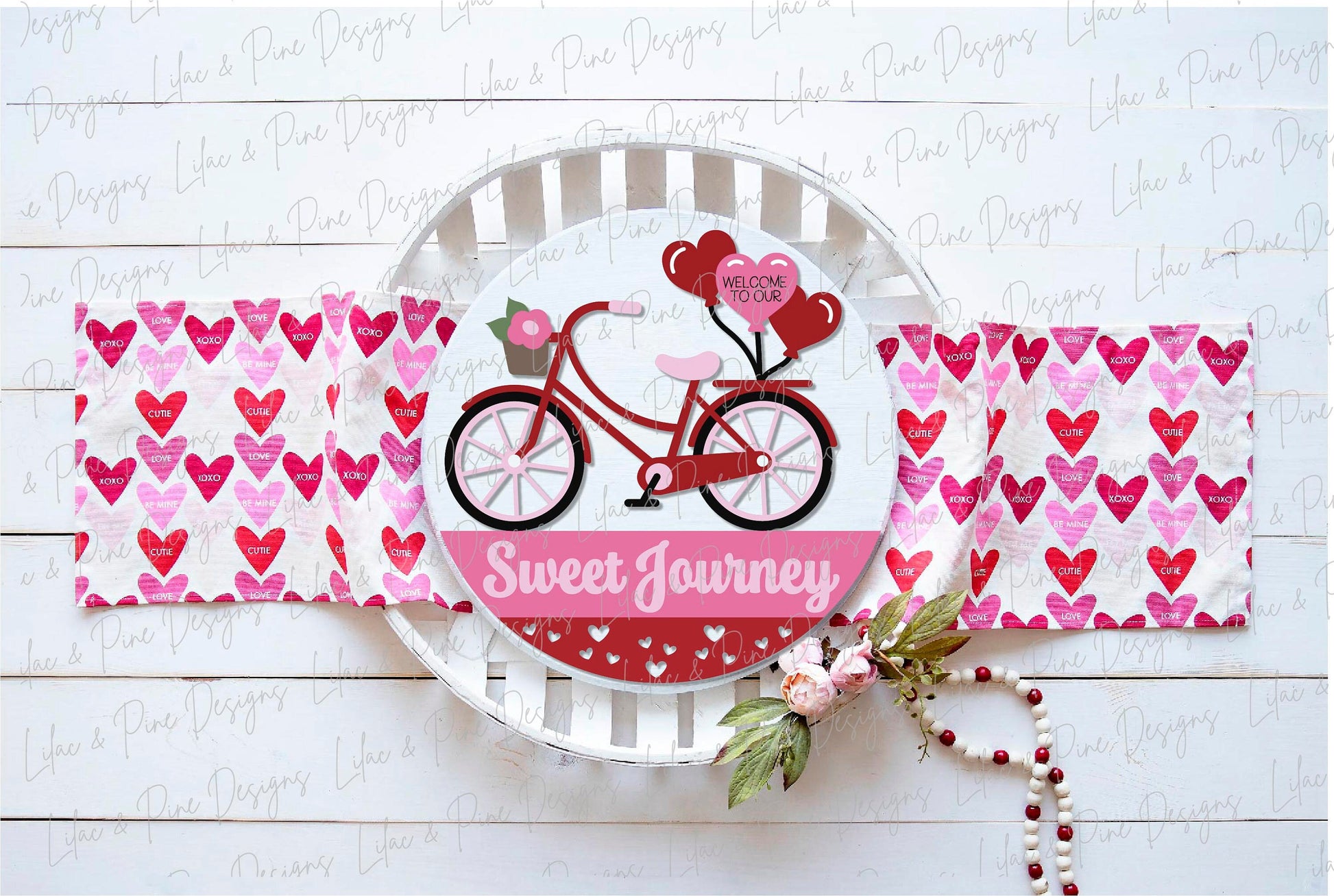 Sweet Journey door hanger SVG, Valentine heart balloons welcome sign, bike round sign Valentines Day decor, Glowforge SVG, laser cut file