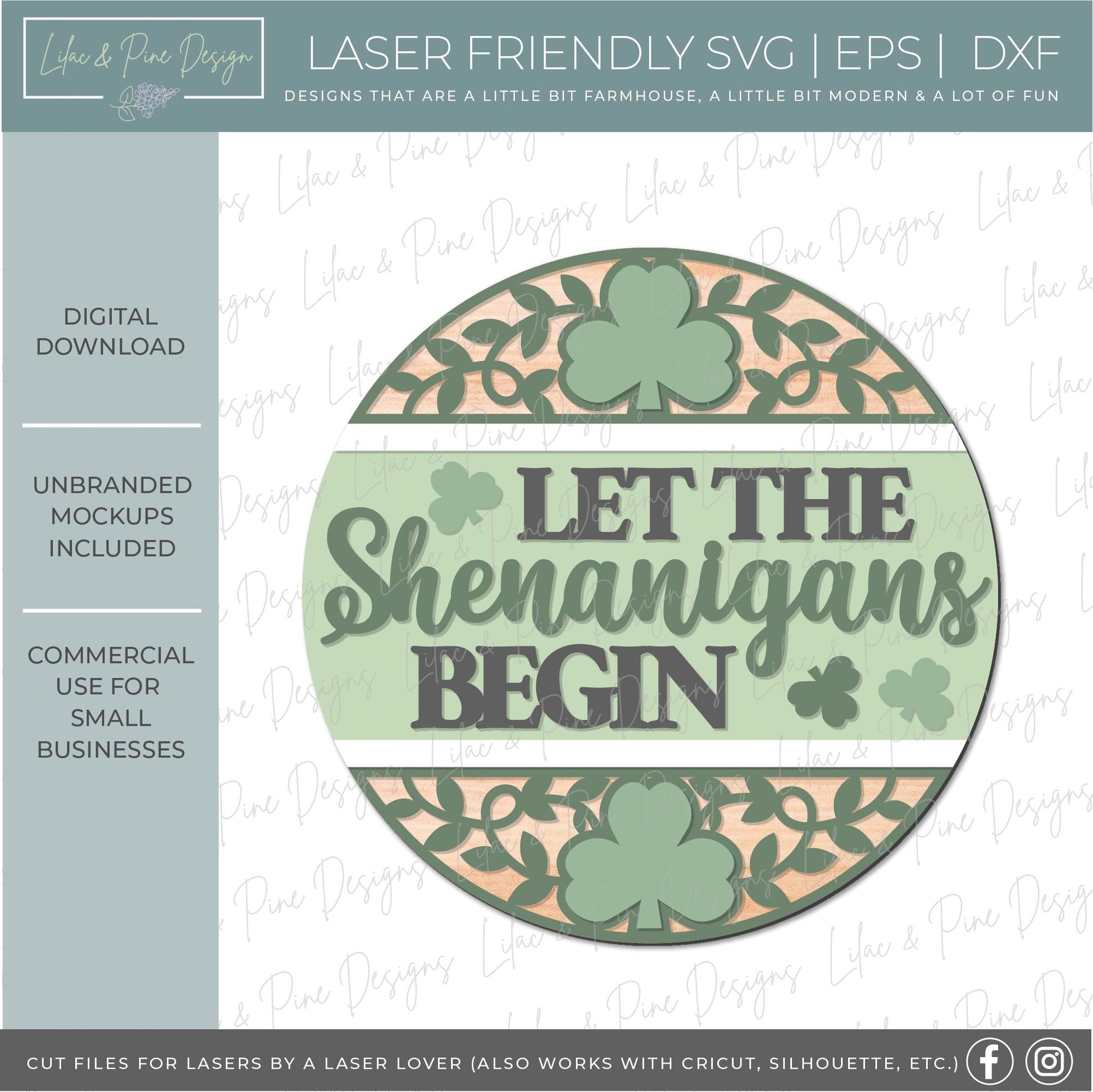 Let the Shenanigans begin sign, Shamrock door hanger SVG, St Patricks Day welcome sign, St Paddys day decor, Glowforge SVG, laser cut file