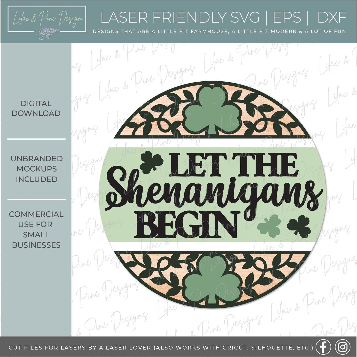 Let the Shenanigans begin sign, Shamrock door hanger SVG, St Patricks Day welcome sign, St Paddys day decor, Glowforge SVG, laser cut file
