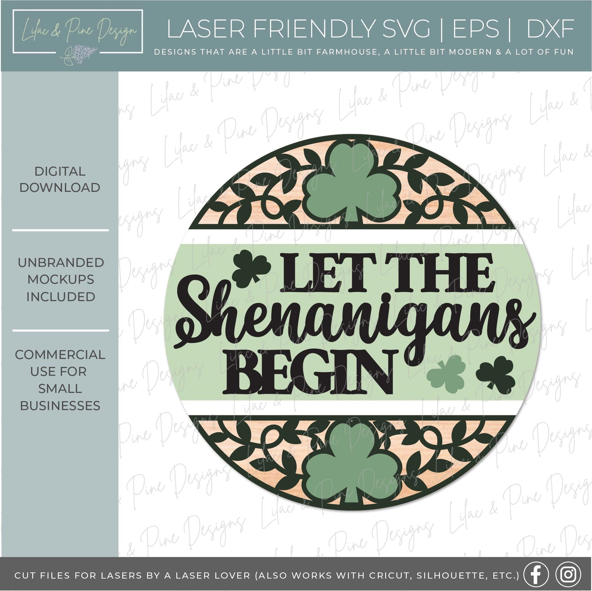 Let the Shenanigans begin sign, Shamrock door hanger SVG, St Patricks Day welcome sign, St Paddys day decor, Glowforge SVG, laser cut file