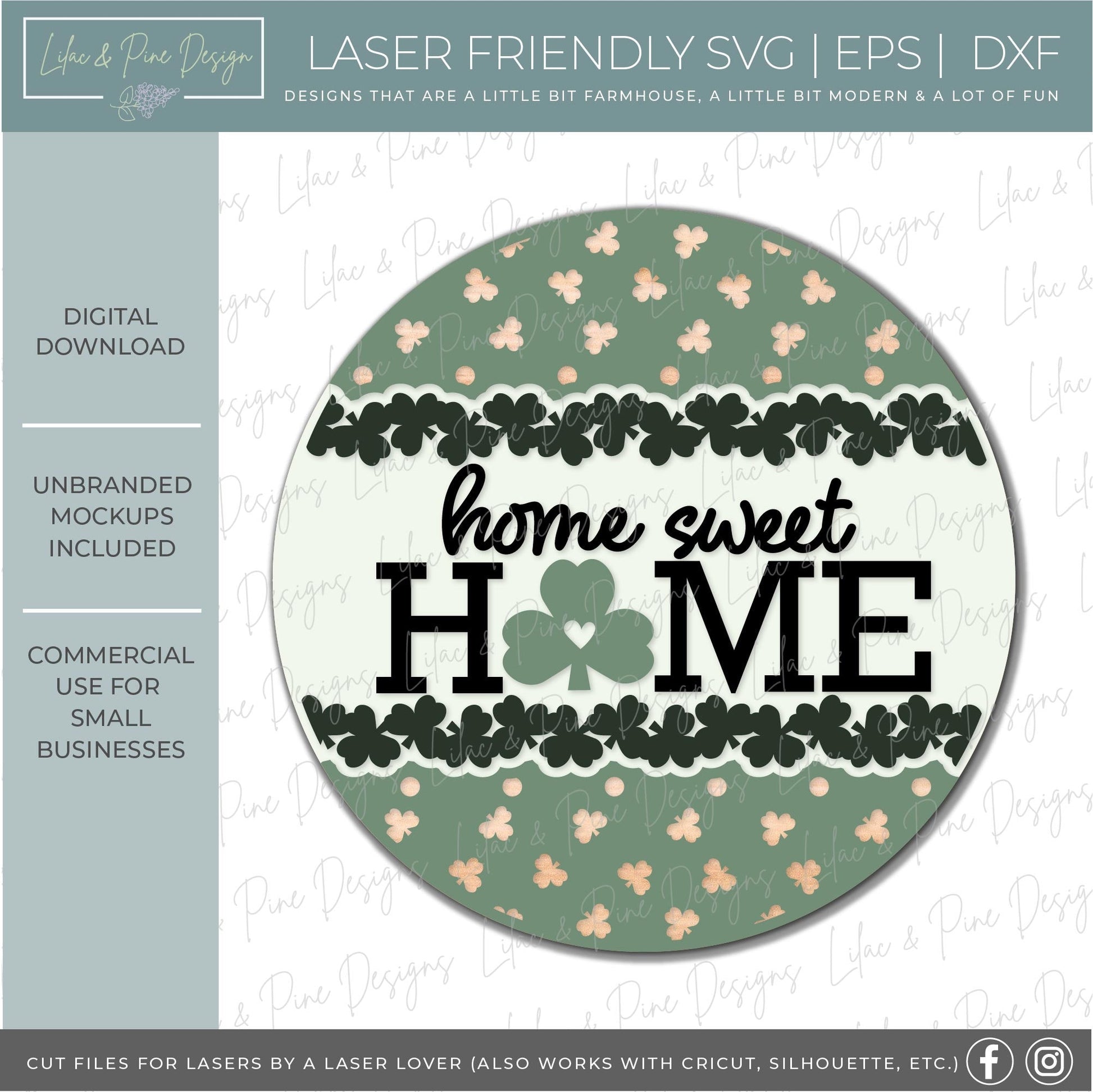 St Patrick Home Sweet Home sign, Shamrock door hanger SVG, St Patricks Day welcome sign, St Paddys day decor, Glowforge SVG, laser cut file
