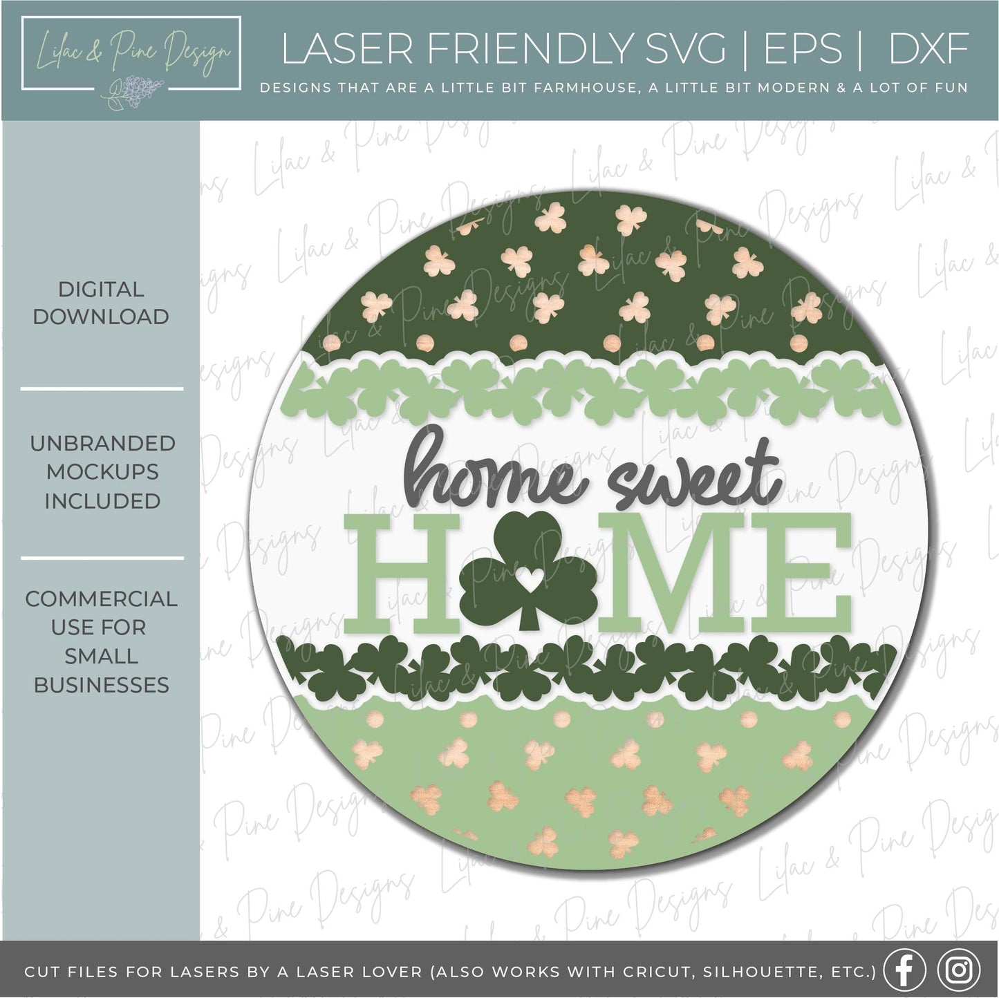 St Patrick Home Sweet Home sign, Shamrock door hanger SVG, St Patricks Day welcome sign, St Paddys day decor, Glowforge SVG, laser cut file