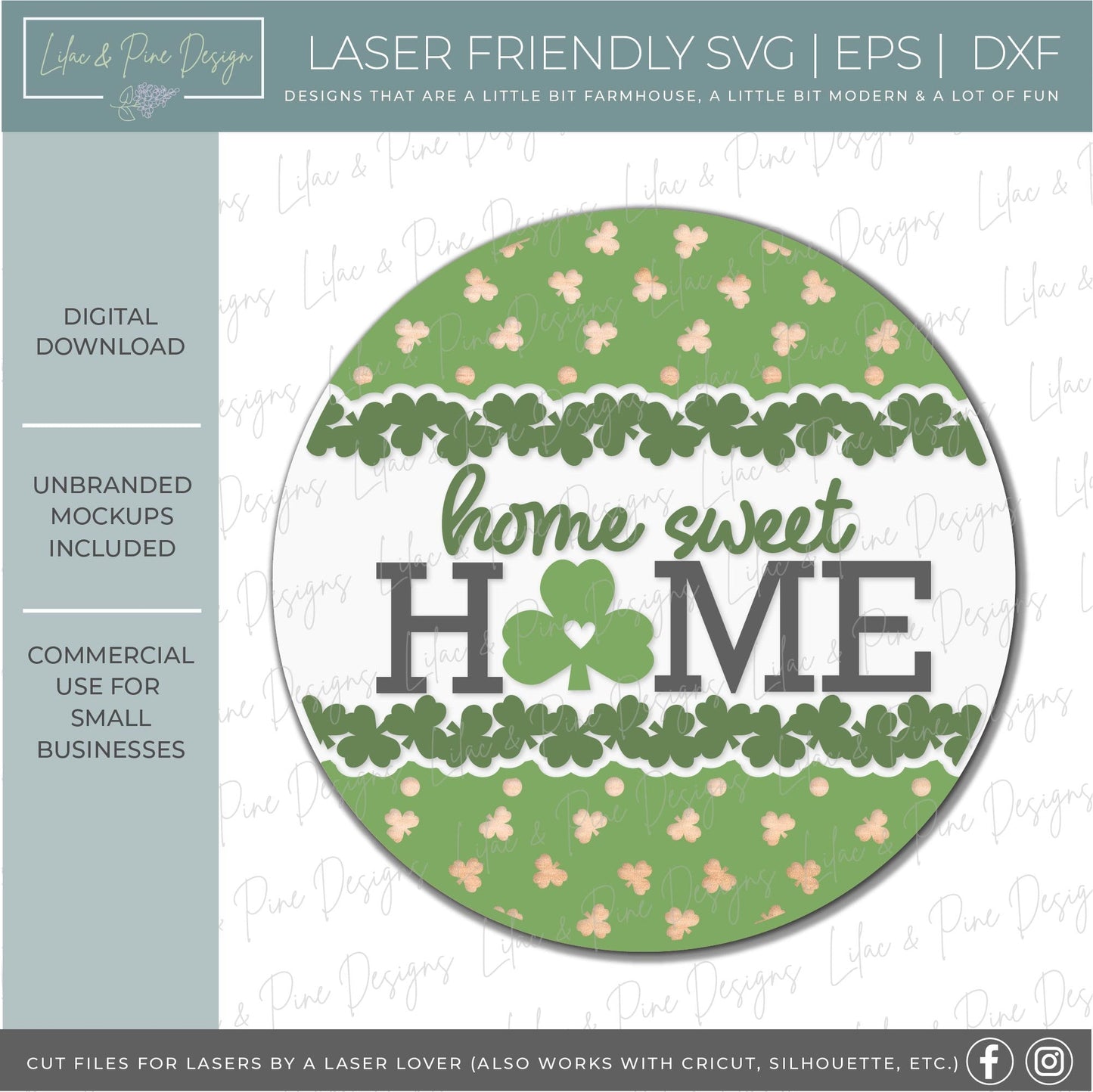 St Patrick Home Sweet Home sign, Shamrock door hanger SVG, St Patricks Day welcome sign, St Paddys day decor, Glowforge SVG, laser cut file