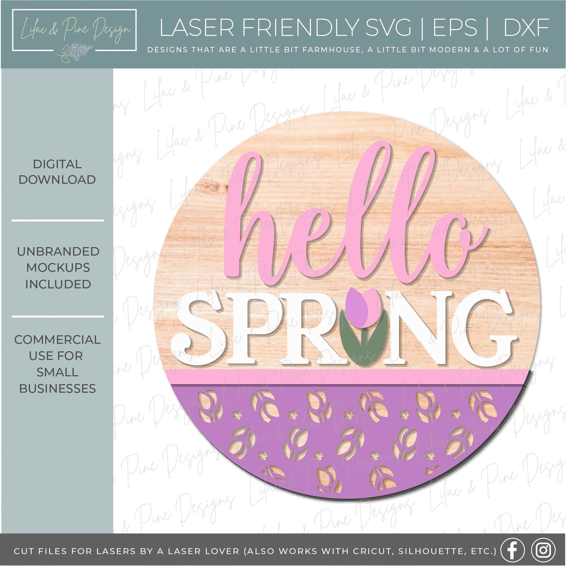 hello spring SVG, tulip door hanger, spring flower Welcome SVG, floral decor, spring laser template, Glowforge SVG, laser cut file